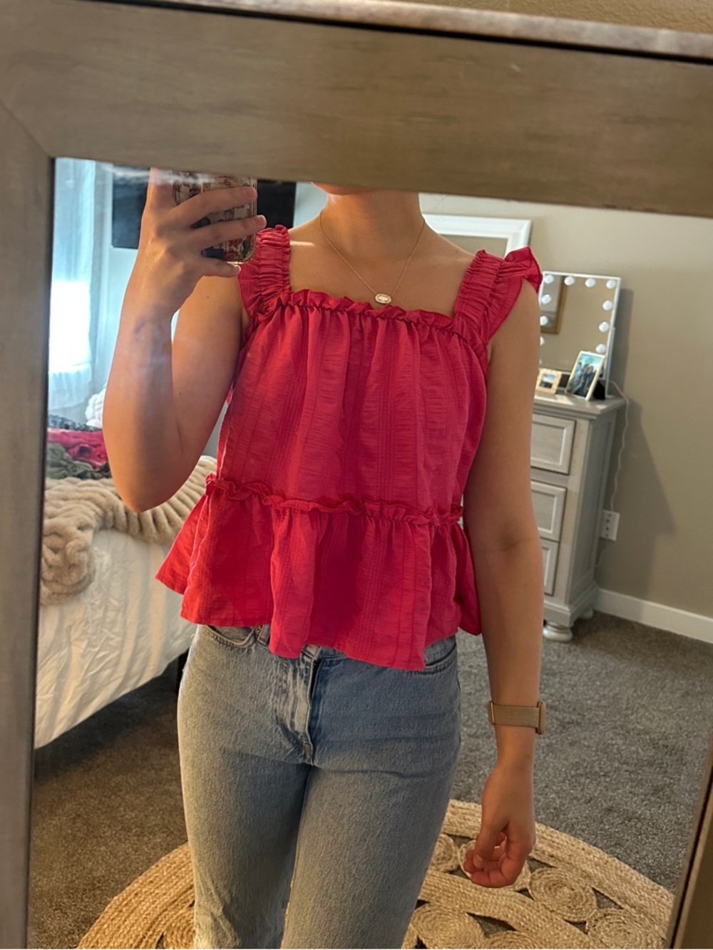 SHEIN Hot Pink Ruffle Strap Tiered Tank Top